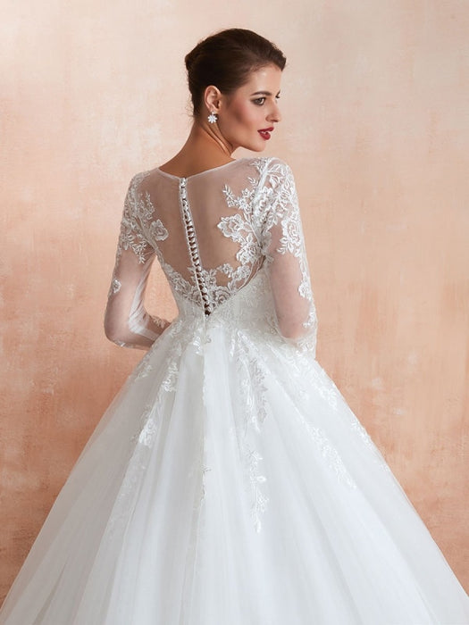 Wedding Gown 2021 3/4 Sleeve Jewel Neck Lace Appliqued Beaded Ball Gown Bridal Wedding Dress With Train