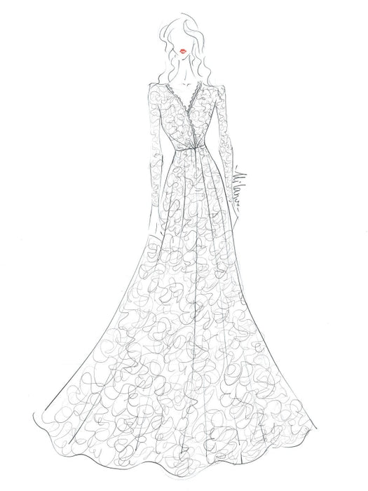Wedding Gowns With Train V-Neck Long Sleeves Floor-Length Ivory Lace Bridal Gowns
