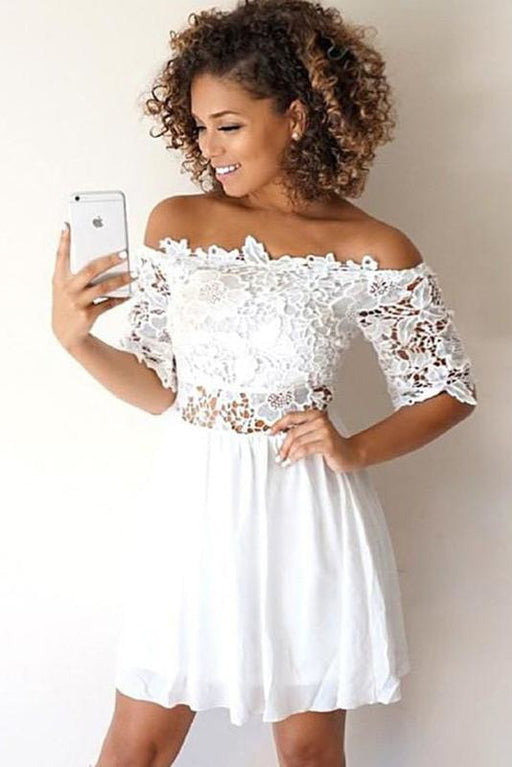 White A-Line Chiffon With Lace Applique Off-the-Shoulder Short Homecoming Dresses - Prom Dresses