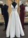White A Line V Neck Satin Long Prom Dresses, V Neck White Evening Dresses, White Formal Dresses
