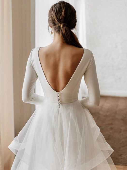 White A-line Wedding Dresses Floor-Length Long Sleeves Tiered V-Neck Natural Waist Floor Length Bridal Gowns
