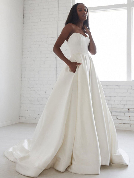 White Strapless A-line Wedding Dresses Satin With Train-Bridelily White Strapless A-line Wedding Dresses Satin With Train-Bridelily