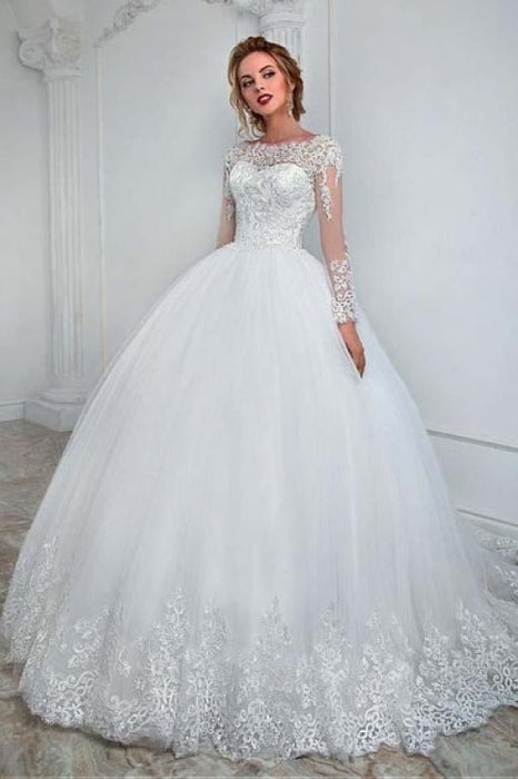 White Aline Wedding Gown Long Sleeves Tulle Bridal Dress with Lace Appliques - 婚纱