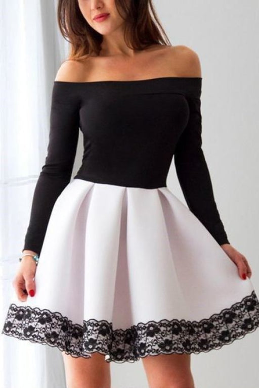 White and Black Off Shoulder Homecoming Lace Short Prom Dress with Sleeve - Prom Dresses