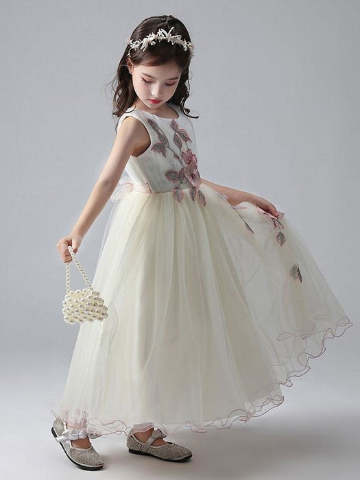 Ecru White Flower Girl Dresses Jewel Neck Sleeveless Ankle-Length Princess Dress Tulle Flowers Beaded Embroidered Formal Kids Pageant Dresses