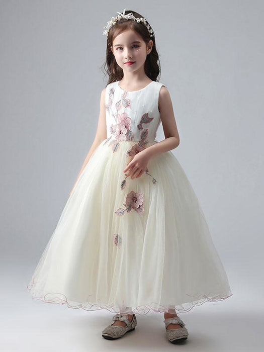 Ecru White Flower Girl Dresses Jewel Neck Sleeveless Ankle-Length Princess Dress Tulle Flowers Beaded Embroidered Formal Kids Pageant Dresses