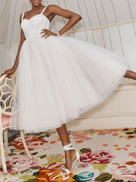 White Bridal Short Dress T-Length A-line Sweetheart Pearls Spaghetti Straps Tea Length Dress