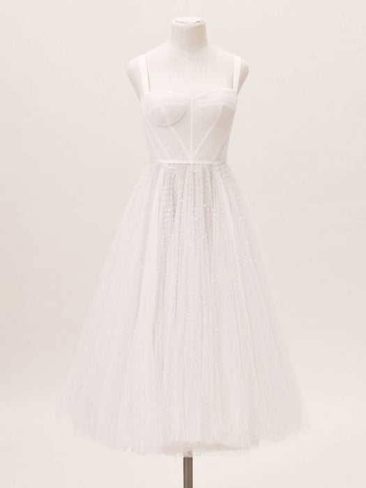 White Bridal Short Dress T-Length A-line Sweetheart Pearls Spaghetti Straps Tea Length Dress