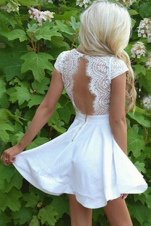 White Cap Sleeves Mini Homecoming Dresses Open Back Graduation Dress with Lace - Prom Dresses