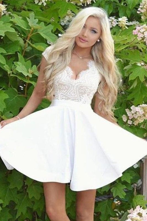 White Cap Sleeves Mini Homecoming Dresses Open Back Graduation Dress with Lace - Prom Dresses