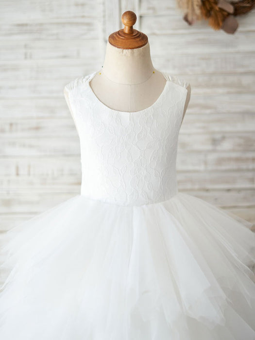 Flower Girl Dresses Jewel Neck Sleeveless Back Crossed-Lace Formal Kids Pageant Dresses