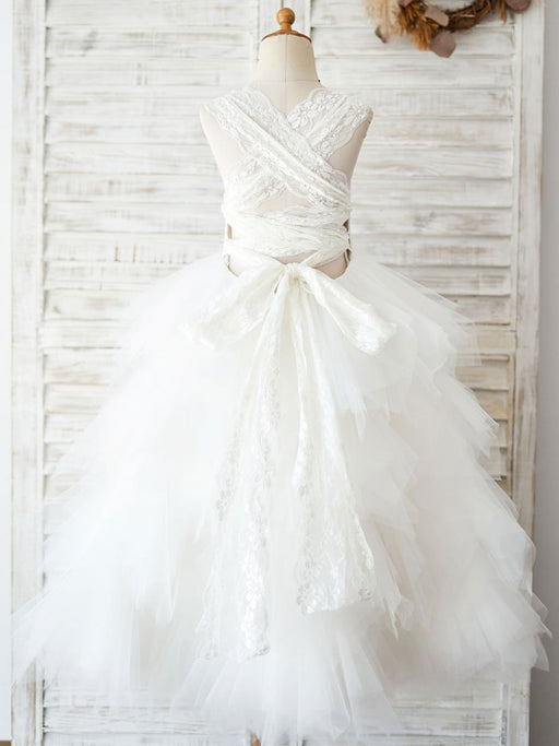 Flower Girl Dresses Jewel Neck Sleeveless Back Crossed-Lace Formal Kids Pageant Dresses