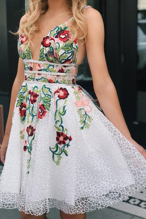 White Deep V Neck Lace Homecoming Dress with Appliques Cute Short Prom Dresses - Prom Dresses
