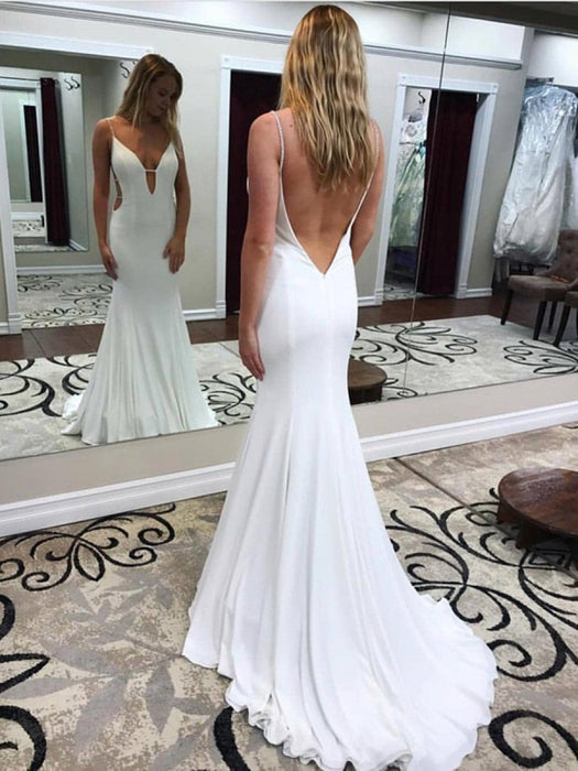 White Deep V Neck Mermaid Backless Long Prom with Sweep Train, White B Bridelily White Deep V Neck Mermaid Backless Long Prom with Sweep Train, White B Bridelily