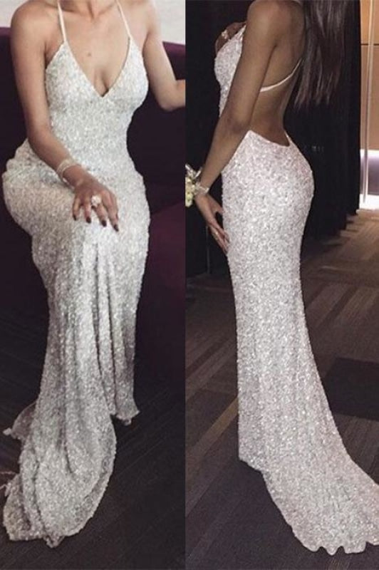 White Deep V neck Spaghetti Straps Sequin Mermaid Long Prom Dresses Sexy Evening Dress - Prom Dresses