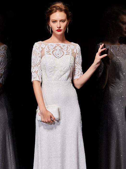 White Evening Dresses Lace Half Sleeve Sequin Long Formal Occasion Dre
