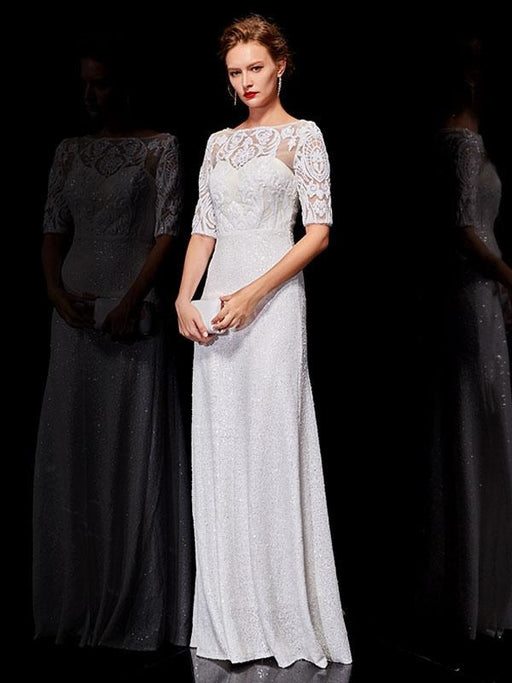 White Evening Dresses Lace Half Sleeve Sequin Long Formal Occasion Dress