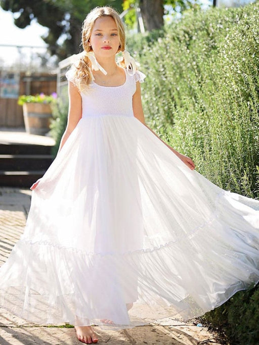 White Flower Girl Dresses Jewel Neck Lace Sleeveless Ankle-Length A-Line Bows Kids Party Dresses