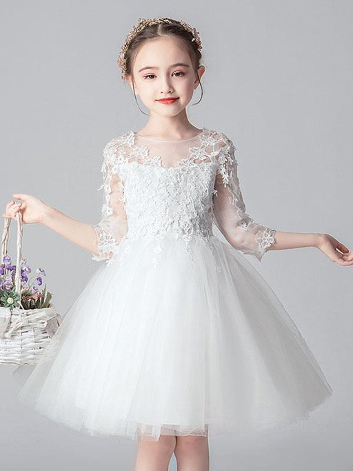 White Flower Girl Dresses Jewel Neck 3/4 Length Sleeves Cut Out Formal Kids Pageant Dresses