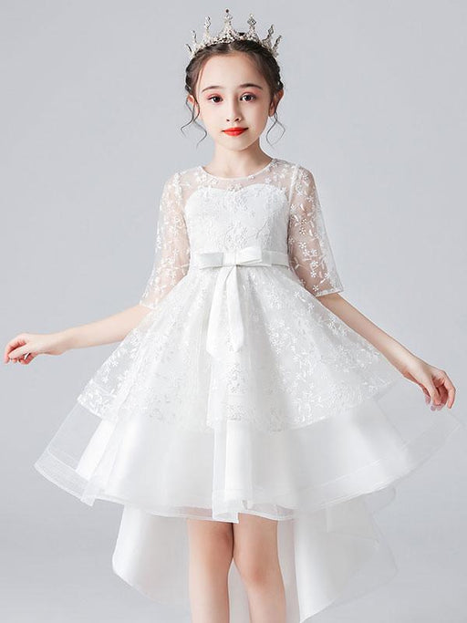White Flower Girl Dresses Jewel Neck Half Sleeves Bows Kids Social Party Dresses