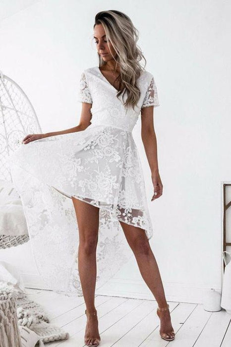 White High-low Short Sleeve V-neck Lace Homecoming Dress Backless Party Gown - Prom Dresses