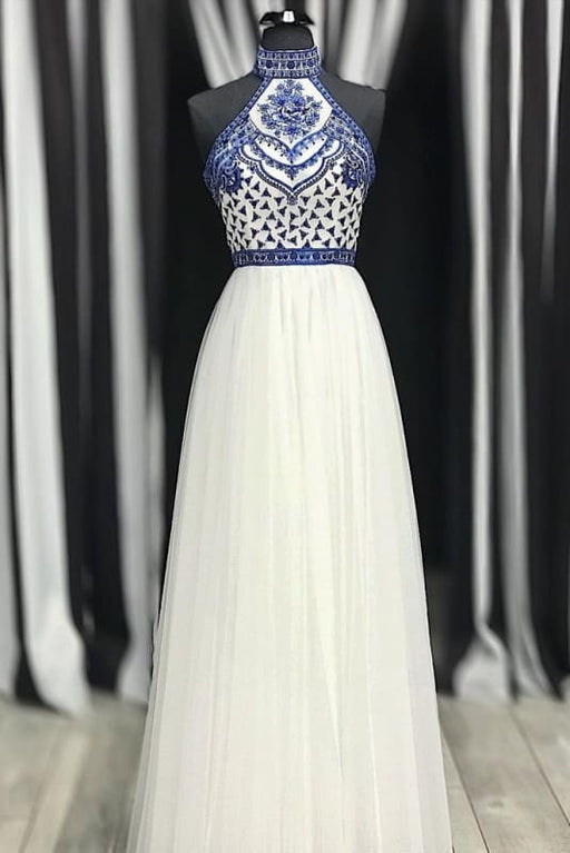 Charming White High Neck Prom Dress Royal Blue Embroidery-Bridelily Charming White High Neck Prom Dress Royal Blue Embroidery-Bridelily