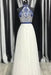 White High Neck Long Prom with Royal Blue Embroidery Charming Party Dress - Prom Dresses