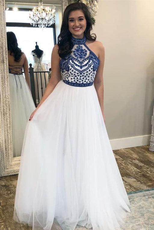 Charming White High Neck Prom Dress Royal Blue Embroidery-Bridelily Charming White High Neck Prom Dress Royal Blue Embroidery-Bridelily