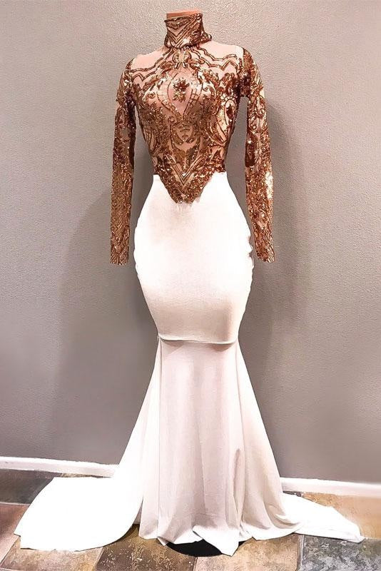 White High Neck Long Sleeve Gold Sequins Mermaid Prom Dress - Prom Dresses