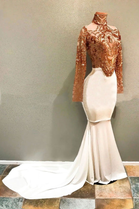 White High Neck Long Sleeve Gold Sequins Mermaid Prom Dress - Prom Dresses