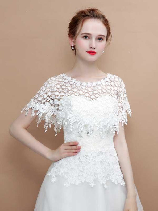 White Hollow Lace Tassel Cape Wedding Wraps | Bridelily - White / One Size - wedding wraps
