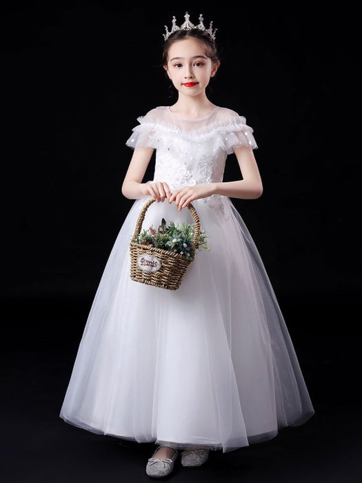 White Flower Girl Dresses Illusion Neckline Short Sleeves Ankle-Length Princess Dress Flowers Beaded Embellishment Tulle Kids Party Dresses