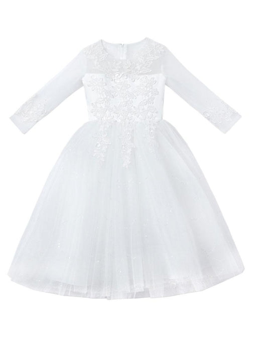 White Flower Girl Dresses Jewel Neck 3/4 Length Sleeves Tulle Polyester Cotton Flowers Formal Kids Pageant Dresses