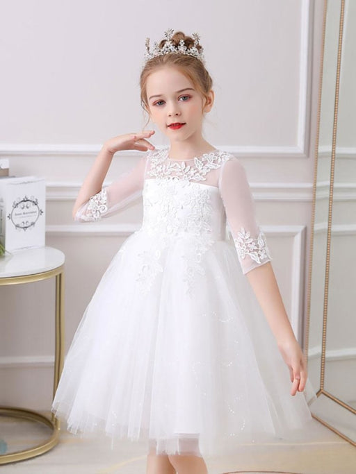 White Flower Girl Dresses Jewel Neck 3/4 Length Sleeves Tulle Polyester Cotton Flowers Formal Kids Pageant Dresses