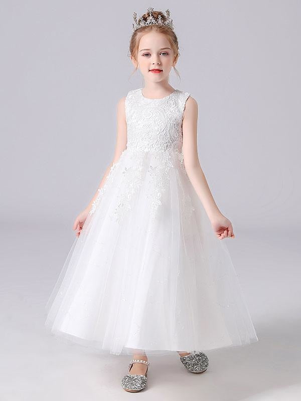 White Flower Girl Dresses Jewel Neck Sleeveless Bows Kids Party Dresses Princess Dress