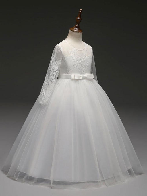 White Flower Girl Dresses Princess Pageant Dress Long Sleeve Lace Ball Gowns Kids Bow Sash Floor Length Long Party Dress