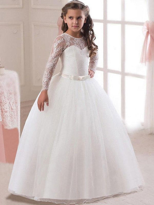 White Flower Girl Dresses Princess Pageant Dress Long Sleeve Lace Ball Gowns Kids Bow Sash Floor Length Long Party Dress