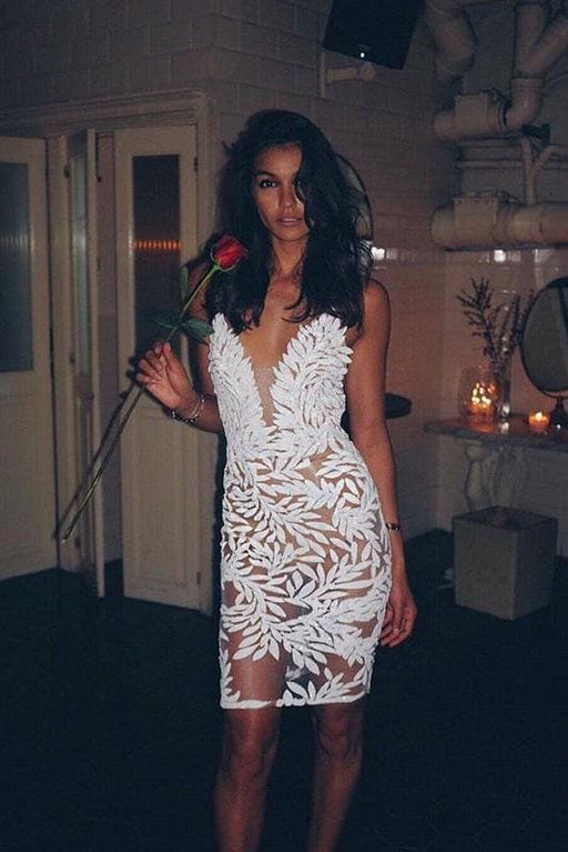 White Lace Homecoming Dresses Sexy Sheath Mini V Neck Short Party Dress - Prom Dresses