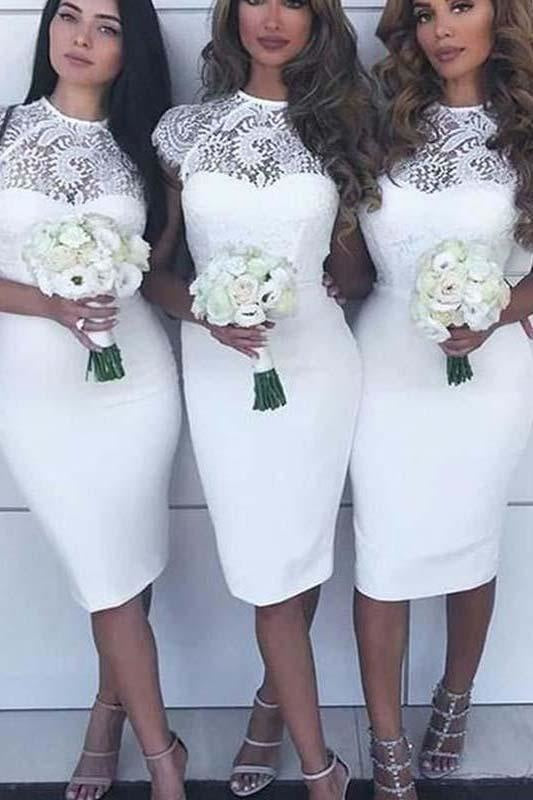 White Lace Knee Length Sheath Short Bridesmaid Dress - Bridesmaid Dresses