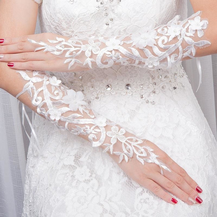 White Lace Sequins Beads Lace Wedding Glove - wedding gloves
