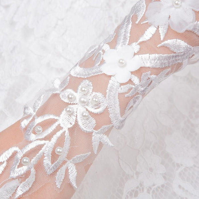 White Lace Sequins Beads Lace Wedding Glove - wedding gloves
