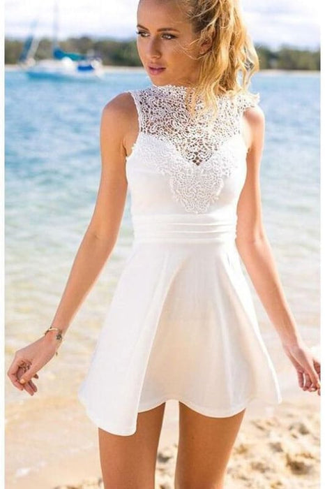 White Lace Top Homecoming Mini Short High Neck Sleeveless Prom Dress - Prom Dresses