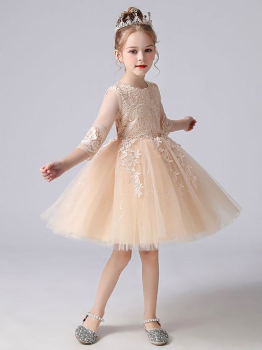 Flower Girl Dresses White Jewel Neck Lace Sleeveless Knee-Length Lace Tulle A-Line Bows Kids Party Dresses