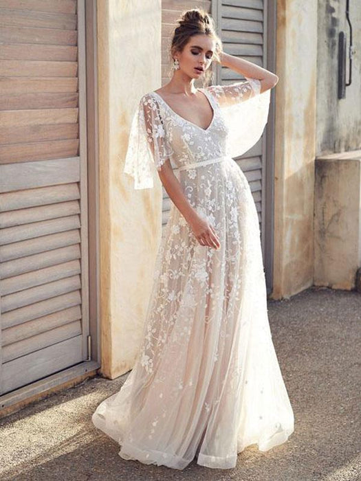White Lace V Neck A-Line Wedding Dress-Bridelily White Lace V Neck A-Line Wedding Dress-Bridelily