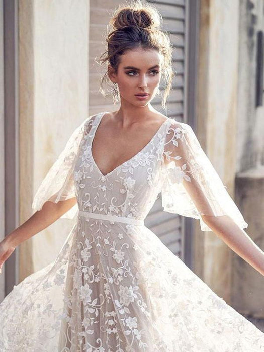 White Lace V Neck A-Line Wedding Dress-Bridelily White Lace V Neck A-Line Wedding Dress-Bridelily