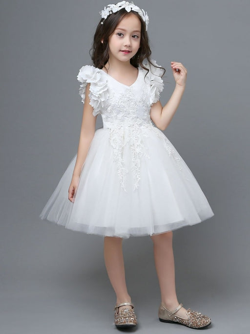 White Flower Girl Dresses A-Line Zipper V-Neck Sleeveless Tulle Flowers Kids Party Dresses