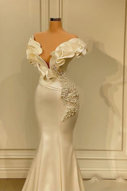 White Long Pearl Ruffle Evening Dresses Designer Floor Length Prom Dress - Prom Dresses