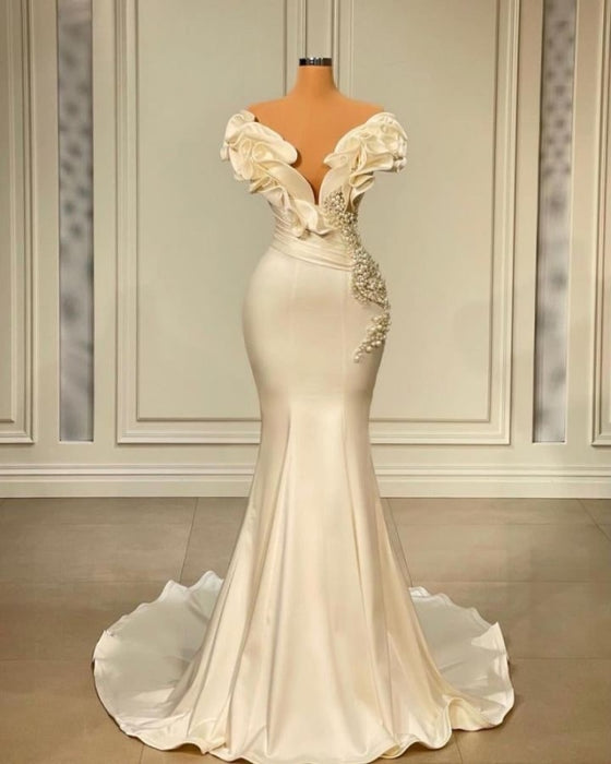 White Long Pearl Ruffle Evening Dresses Designer Floor Length Prom Dress - Prom Dresses