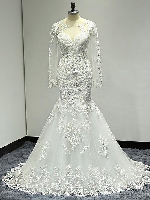 White Long Sleeve Lace Mermaid Wedding Dresses with Train - wedding dresses