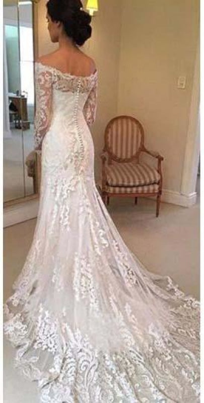 White Long Sleeves Off the Shoulder Mermaid Lace Beach Sexy Wedding Dress - Wedding Dresses